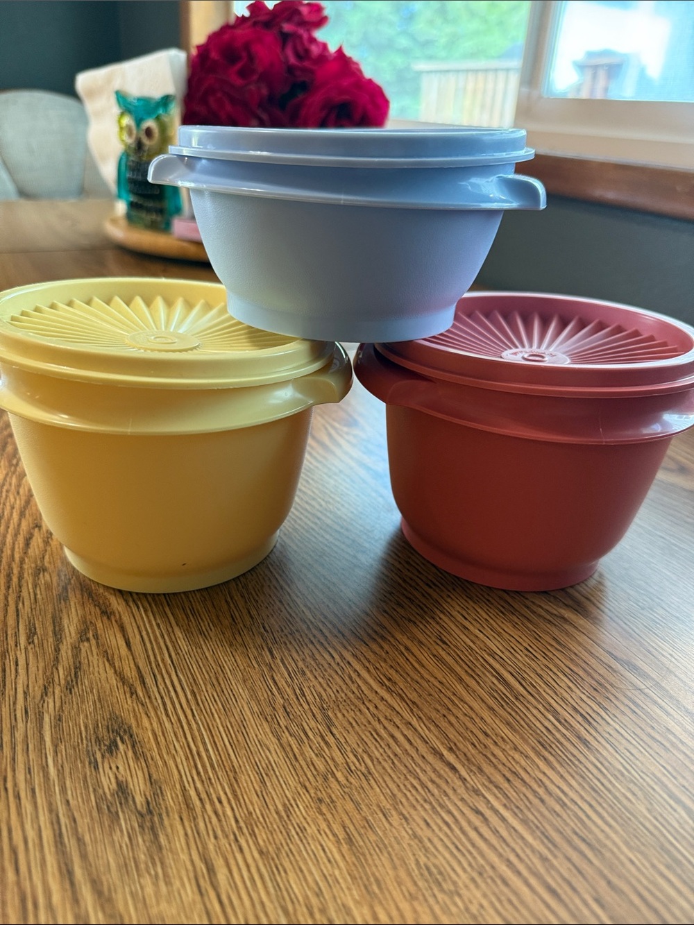 Tupperware Yellow, Blue and Pink 80s Pastel Plastic Food Container & Lids